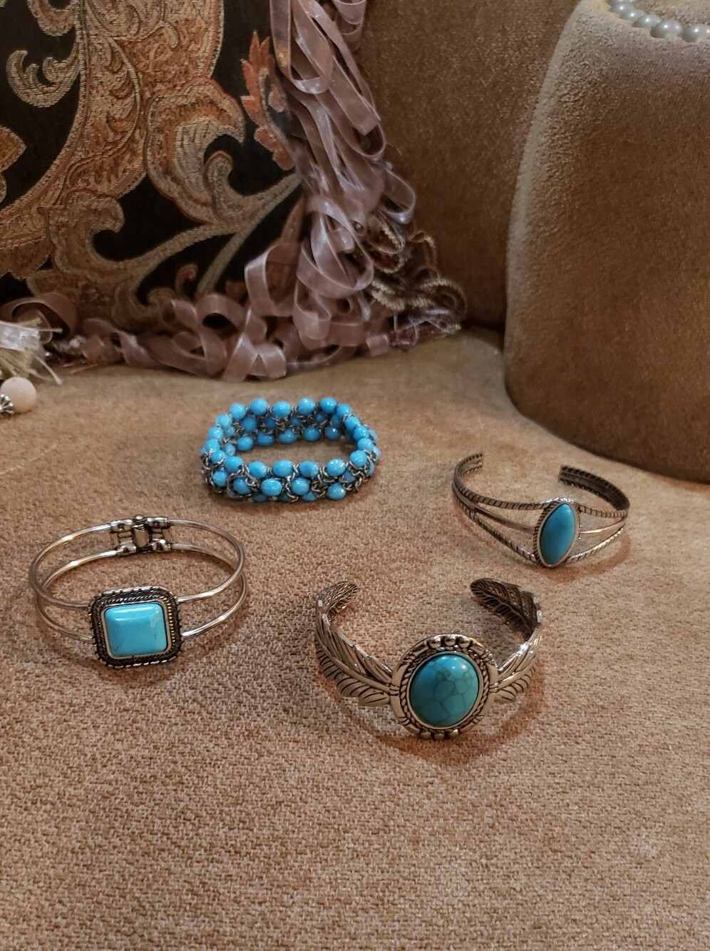 Bundle Set Of 4 Silver-tone Faux Turquoise Bracelets.      Price Firm